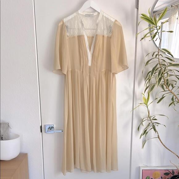 SANDRO Paris Beige and White Silk Popover Short Sleeve Midi Dress Size M